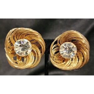 Vtg Gold Tone Wire Wrap Swirl Clip On Earrings Clear Crystal Statement READ